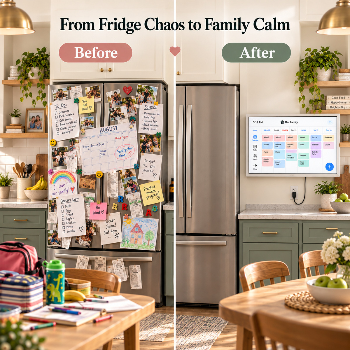 Before and after: a fridge covered in sticky notes, versus PlanPal on the kitchen wall