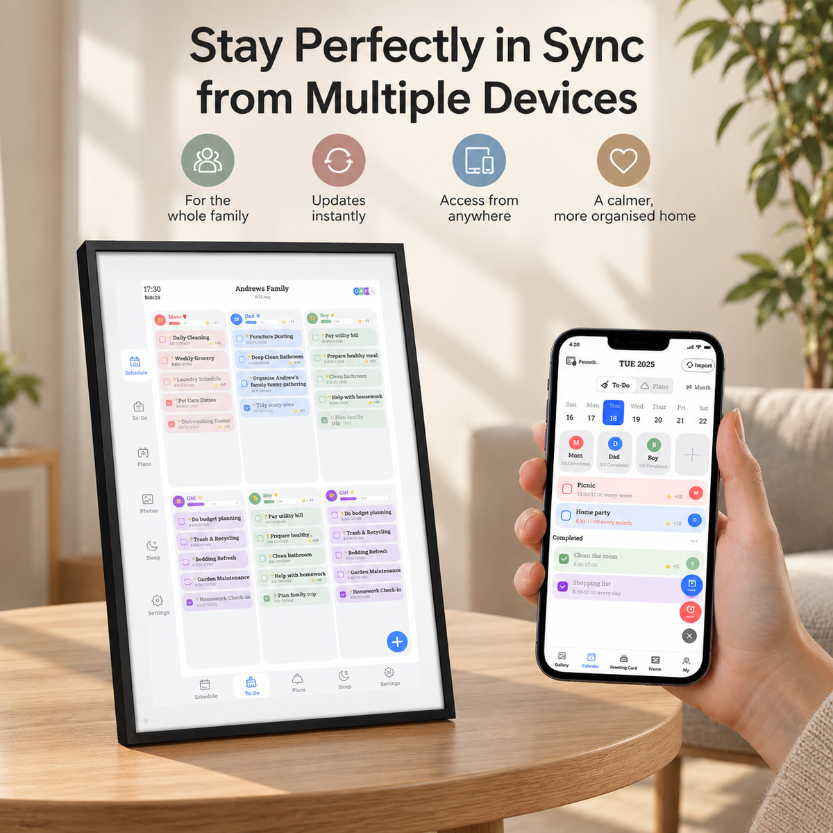 Stay perfectly in sync from multiple devices - the PlanPal family calendar and companion app