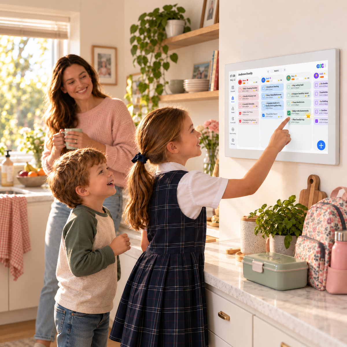 Mom and kids checking the color-coded family calendar on PlanPal