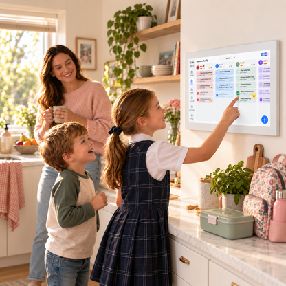 Mom and kids checking the color-coded family calendar on PlanPal