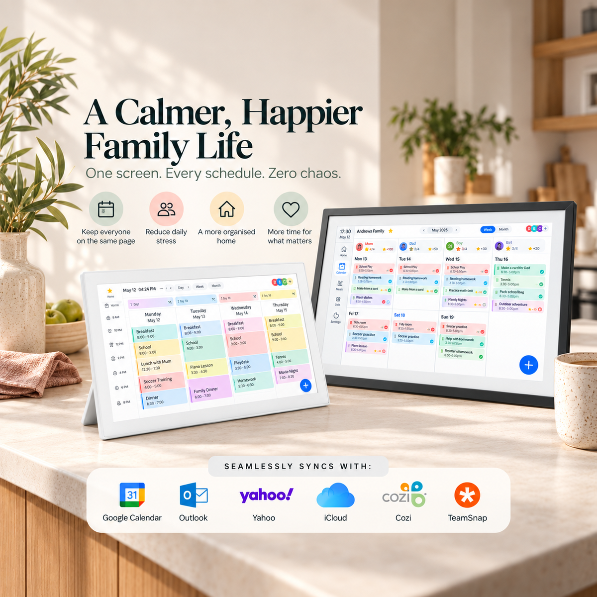 A calmer, happier family life - PlanPal syncs with Google Calendar, Outlook, Yahoo, iCloud, Cozi and TeamSnap