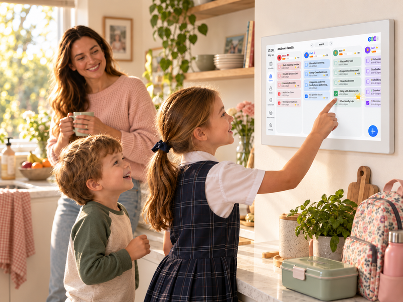 Mom holding a coffee while her two kids tap the PlanPal family calendar on the kitchen wall