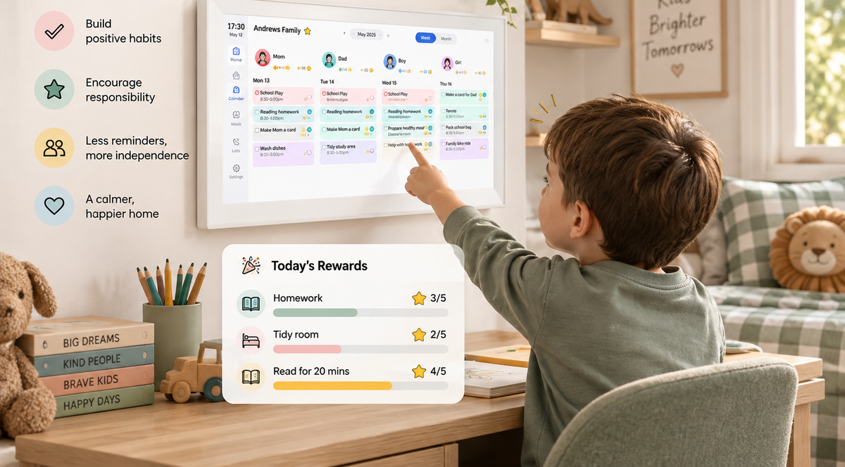 A boy ticking off his chores on PlanPal and earning stars toward rewards