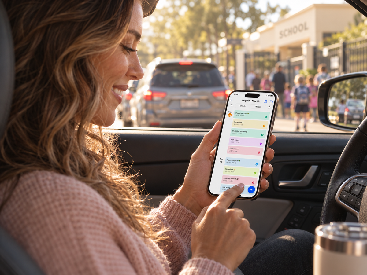 Mom checking the PlanPal calendar app on her phone in the school pick-up line