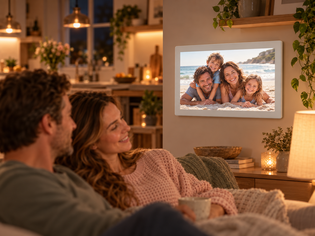 Mom and dad relaxing on the couch while PlanPal shows a beach photo in photo frame mode